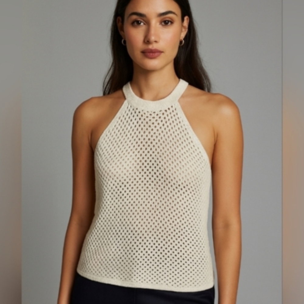 DKNY Crochet Halter Top Cream Knit Sweater Size Small New with Tags!